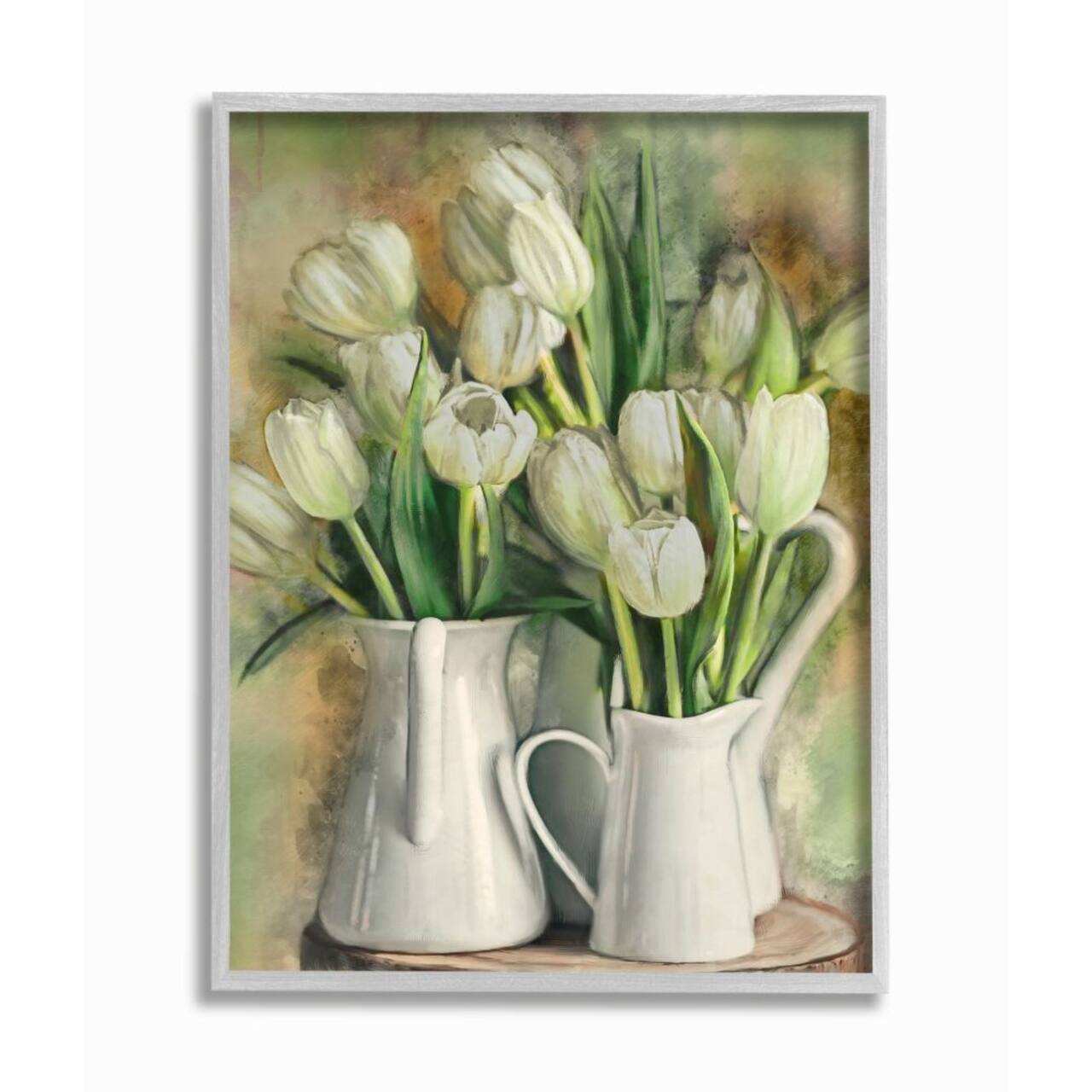 Stupell Industries White Tulips in Country Pitcher Wall Art in Gray Frame